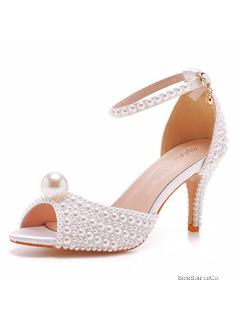 3 Inch Stiletto Heels Pearl Peep Toe Ankle Strap Sandals Women's Party Wedding